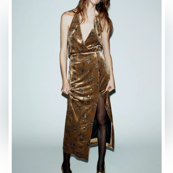 Zara Dresses & Skirts - Zara NWT midi halter velvet and floral sequin dress